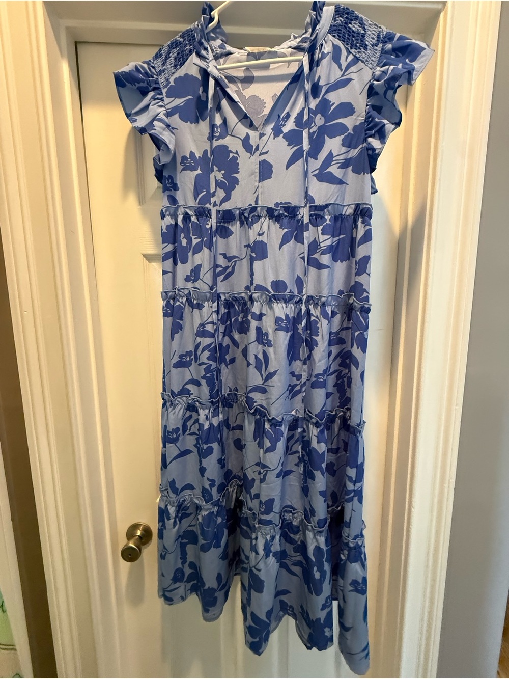 The Mint Julep Boutique Blue Floral Tiered Midi Dress